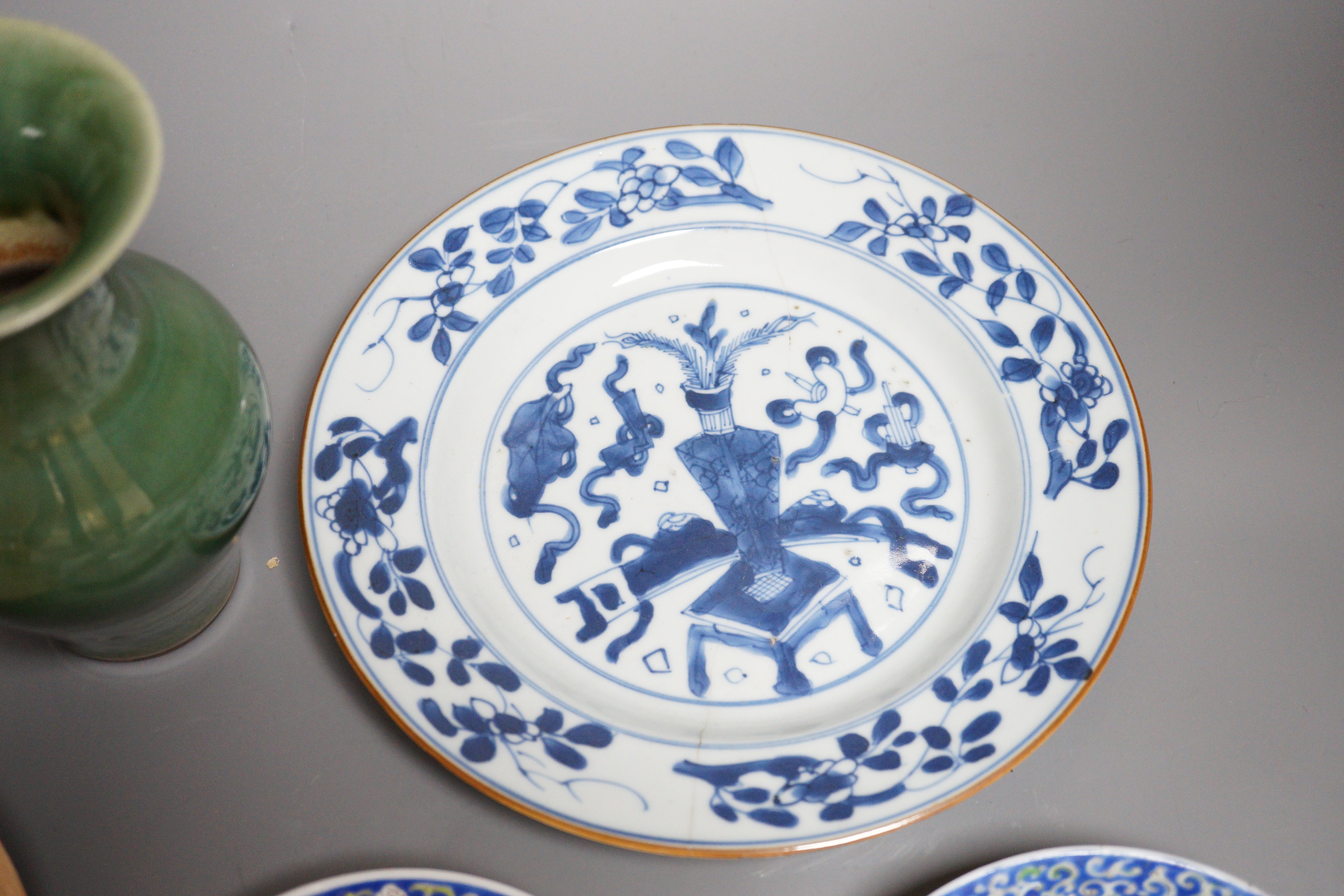 An 18th century Chinese blue and white dish together with other Chinese ceramics, dish diameter 22cm